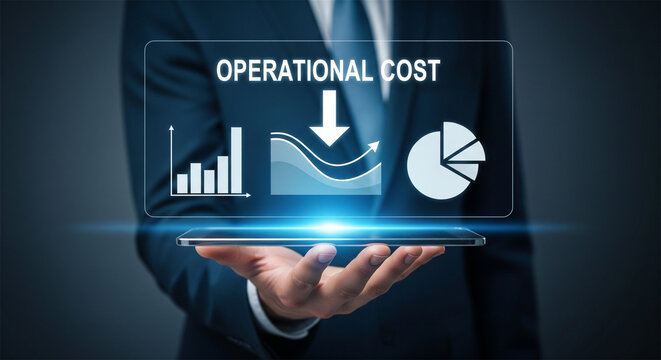 Operational cost reduction concept, businessman holding digital interface with financial charts, business expense management and optimization strategy