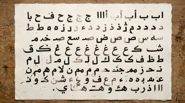 Handwritten arabic alphabet characters and letters on textured paper