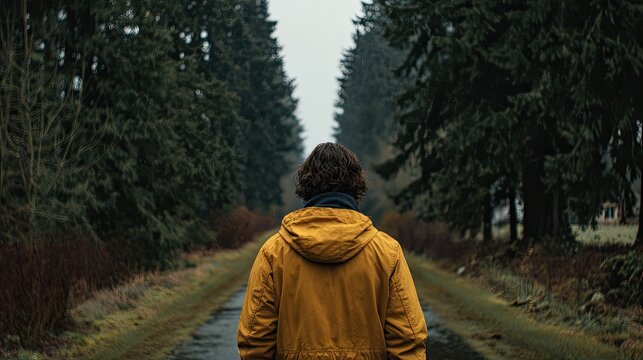 Person in yellow jacket walks down tree-lined path