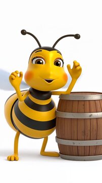 A cute and kind cartoon bee with a barrel of honey on a white background, animation