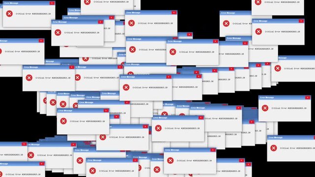 Retro OS System Failure with Cascading Critical Error Pop-up Windows on Black Background