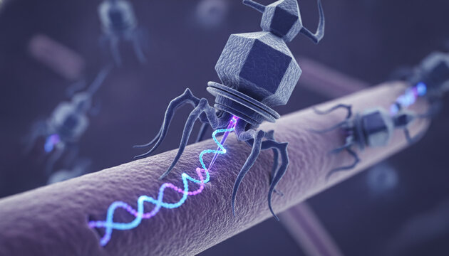 Microscopic 3D rendering of Bacteriophage virus attacking bacterium cell