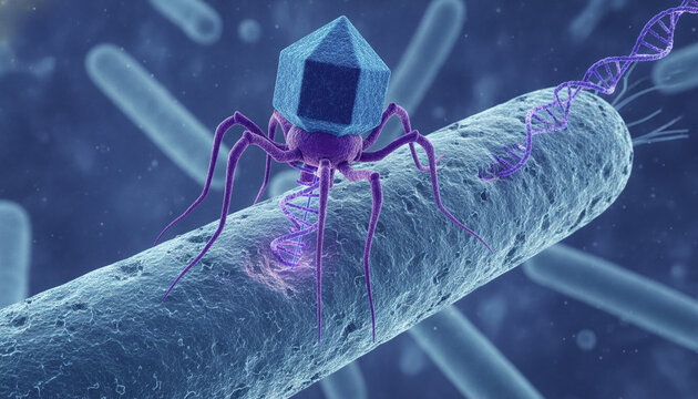 Microscopic 3D rendering of Bacteriophage virus attacking bacterium cell