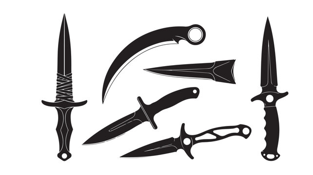 Tactical combat knife silhouettes, black military dagger vector set, curved karambit and survival blade icons for gaming and security design