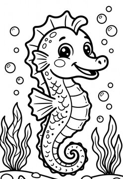 Cute Cartoon sea horse line drawing for coloring isolated on white background. sea horse coloring page