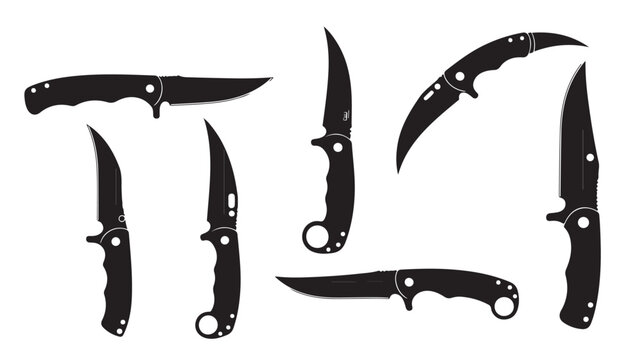 Tactical folding knife silhouettes, set of 7 pocket knife vector icons, black karambit and survival blade shapes for outdoor gear design