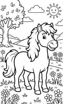 Cute Cartoon horse isolated on white background coloring page