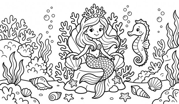 Cute Cartoon sea horse with sea queen isolated on white background line drawing coloring page