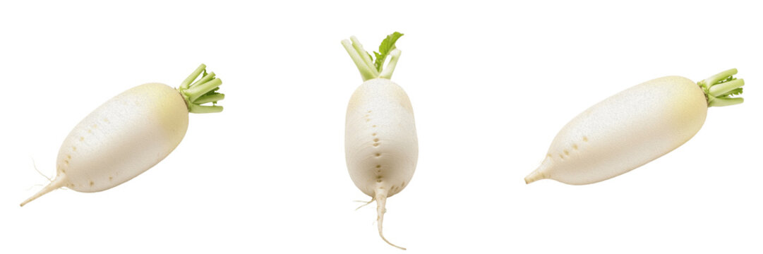 Fresh Organic White Daikon Radish Trio Isolated on White Background, Japanese Mooli Vegetable PNG, Healthy Raw Ingredient for Culinary Recipes, High-Quality Food Photography Cutout for Healthy Cooking