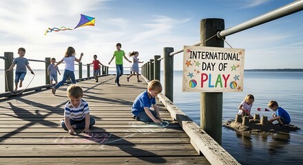 Obraz premium Happy diverse children playing on a wooden pier during International Day of Play.