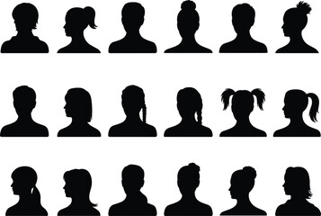 Collection of Diverse Human Head Silhouettes with Various Hairstyles Keywords: silhouette, head, profile, portrait, woman, man © Ariful