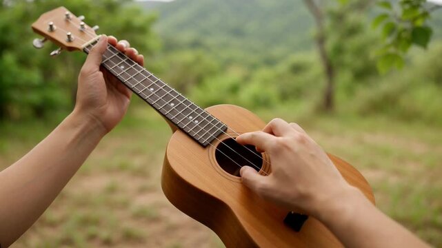 person playing brown ukulele outdoors.
