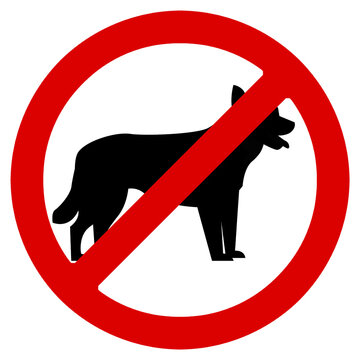 Se&ntilde;al de prohibido perros aislada sobre fondo transparente, icono de prohibido el paso de animales con silueta negra de perro.