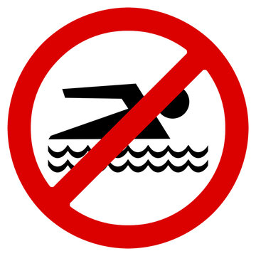 Se&ntilde;al de prohibido el ba&ntilde;o orientada a la derecha aislada sobre fondo transparente, icono de prohibido nadar con silueta negra y olas.
