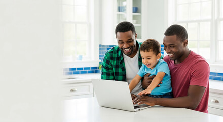 Obraz premium Two Black men and a young child smile while looking at a laptop in a bright kitchen, representing family, connection, and modern life