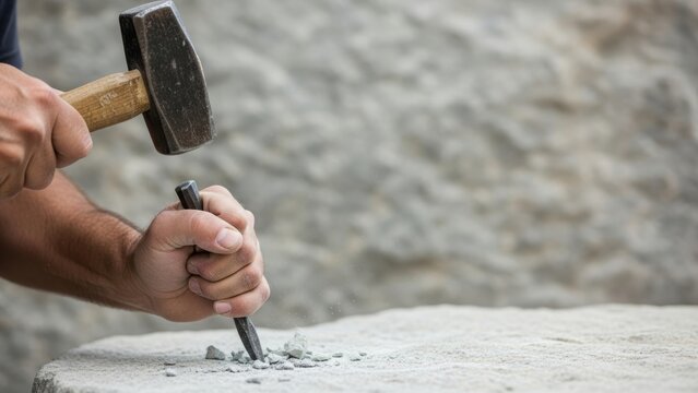 Craftsman using hammer and pointed chisel on rough rock surface.