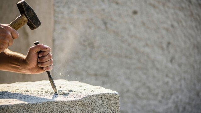 Hand hitting metal chisel with mallet creating dust chips from stone.