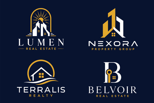 Set of four elegant real estate and property brand logo concepts in gold and white.