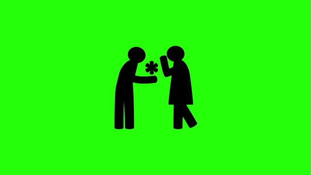 Premium 4K motion graphic of a romantic man giving flowers to a shy woman silhouette bouncing. Clean asset for dating application or valentine event site.