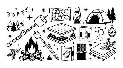 Camping doodles: s'mores, tent, campfire, lantern © Sinta Maharani
