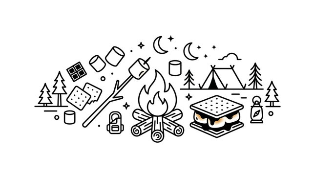 Campfire s'mores and camping illustration