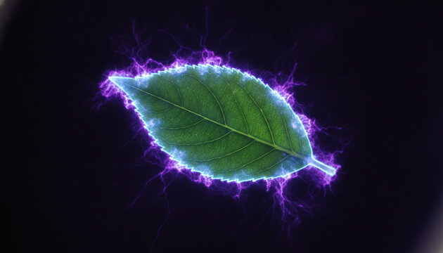 Kirlian photography of green leaf showing glowing neon electrical coronal discharge