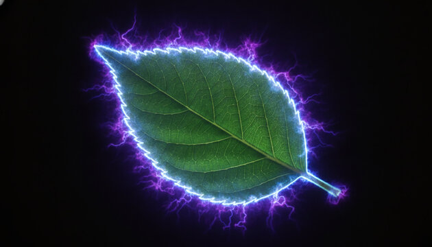 Kirlian photography of green leaf showing glowing neon electrical coronal discharge