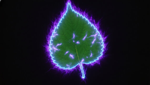 Kirlian photography of green leaf showing glowing neon electrical coronal discharge