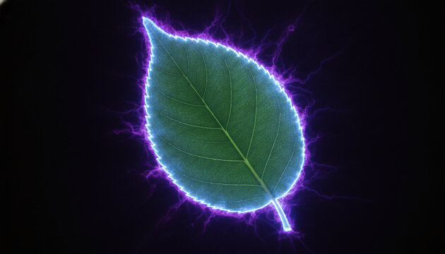 Kirlian photography of green leaf showing glowing neon electrical coronal discharge