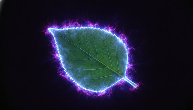 Kirlian photography of green leaf showing glowing neon electrical coronal discharge
