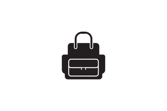 Black silhouette of backpack with front pocket and handle isolated on white background, simple modern icon representing travel and adventure.