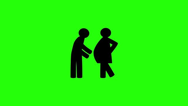 4K horizontal layout featuring a caring husband touching his pregnant wife belly silhouette bouncing. Tactical popup gynecology family pregnancy web icon.