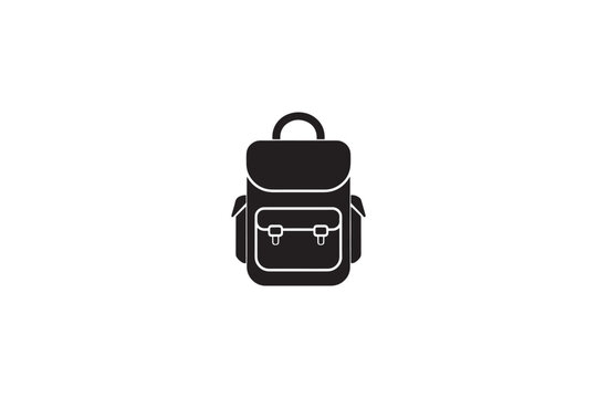 Black silhouette of backpack with front pocket and handle isolated on white background, simple modern icon representing travel and adventure.