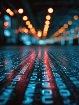 Abstract digital stream of glowing blue code with red highlights