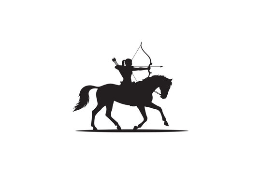 Woman archer on horseback silhouette vector illustration holding bow and arrow in motion isolated on white background warrior equestrian concept.