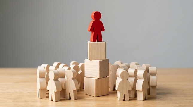 Red wooden figure standing on blocks above crowd representing leadership business hierarchy and standing out from the competition concept