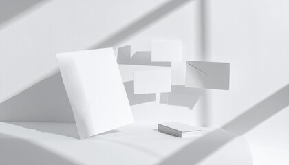 Fototapeta premium A sleek white object with floating rectangles on a surface with shadows