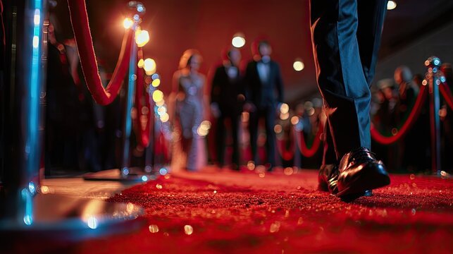 Elegant figures, dressed for a gala, walk on a plush red carpet under bright lights