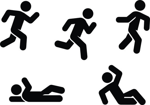 Set of black running stick figure icons in different poses runner symbol