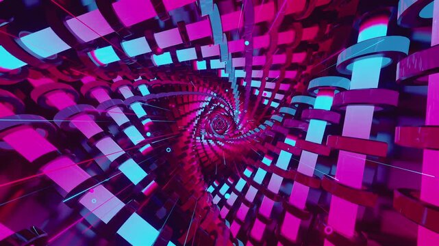 VJ loop of a futuristic cyber tunnel. Abstract vortex made of twisting mechanical structures and glowing segments, for electronic music festivals, club visuals, stage screens and for LED video walls