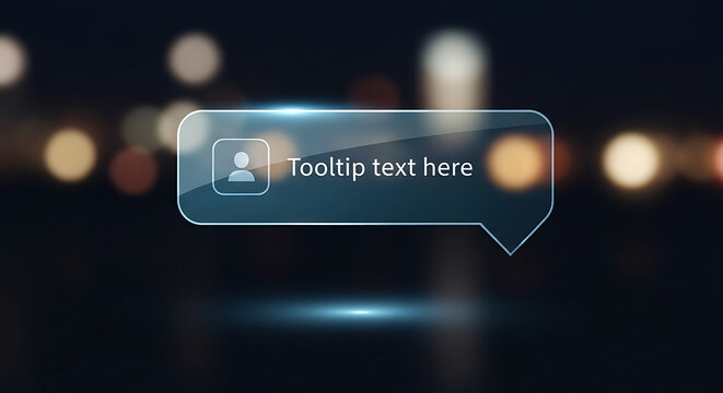 Glass speech bubble with user icon and text rendered in 3d with a blurred background
