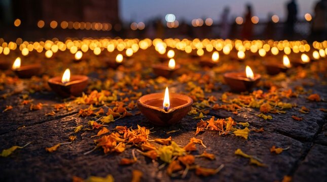 Close up of lit terracotta diyas and marigold petals on a stone floor for Diwali festival celebration