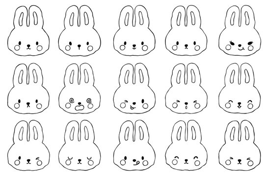 Outline bunny rabbit emoji face expression set