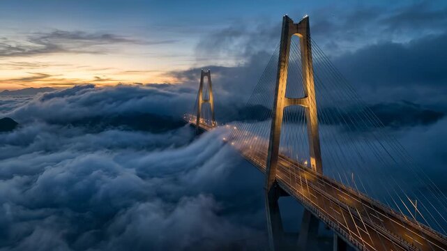 Advection Fog Swirls Around Mega Sea Bridge Towers at Sunrise