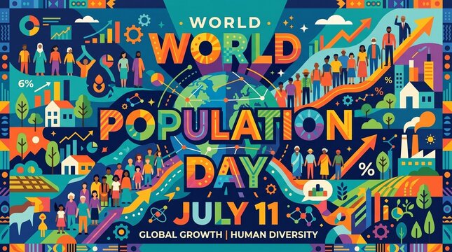 World Population Day infographic in colorful vibrant illustration with global growth theme for social media