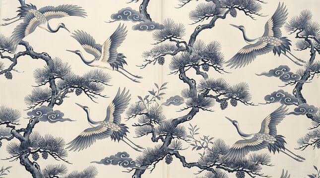Japanese style seamless pattern with cranes and pine trees