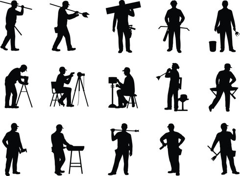 Silhouettes of construction workers and tradespeople performing various tasks builder tradesman