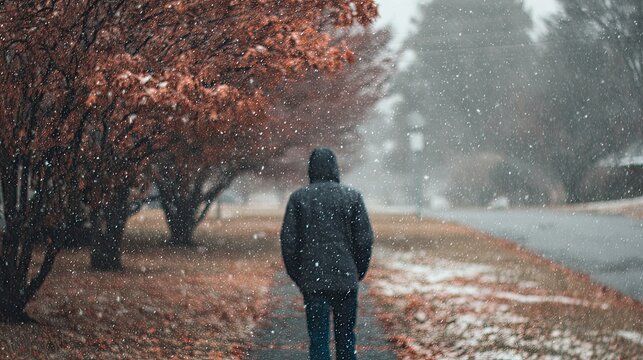 Lone figure walks down a snowy path lined with autumn trees