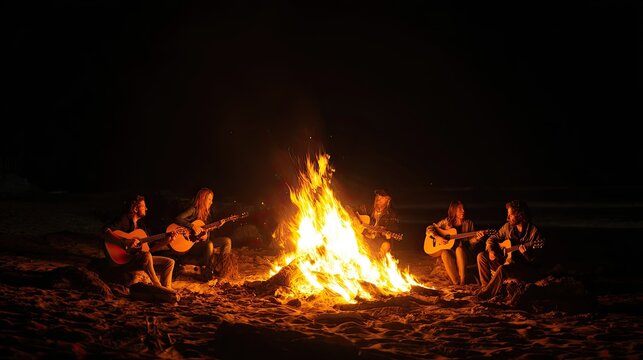 Four people playing guitars around a bright bonfire on a dark beach at night