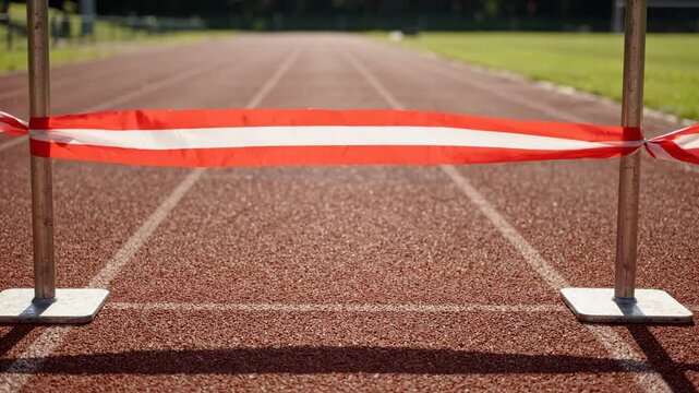 Red and white finish line tape stretched across an empty athletic running track, symbolizing achievement